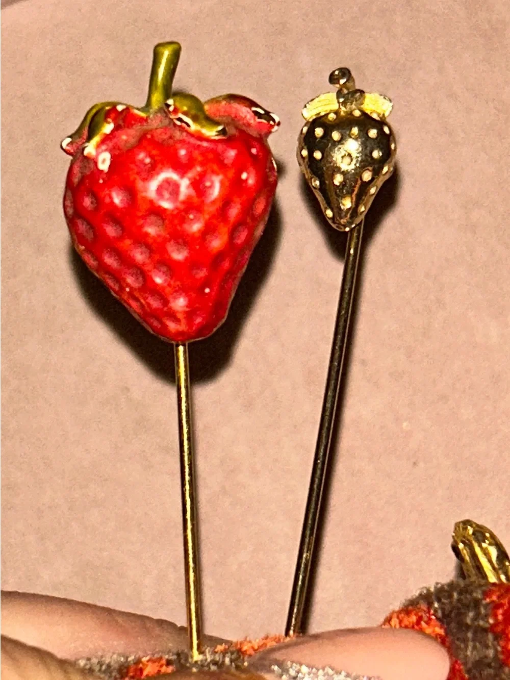 Gold Tone Strawberry & Red Enamel Strawberry Stick Pin Set (Pair) EUC